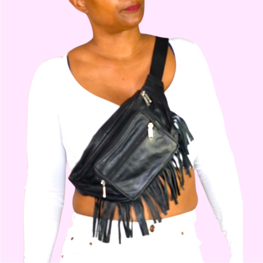 Leather Fringe Fanny Pack Black Bum Belt Waist Pouch Retro Sling Waist Bag Boho